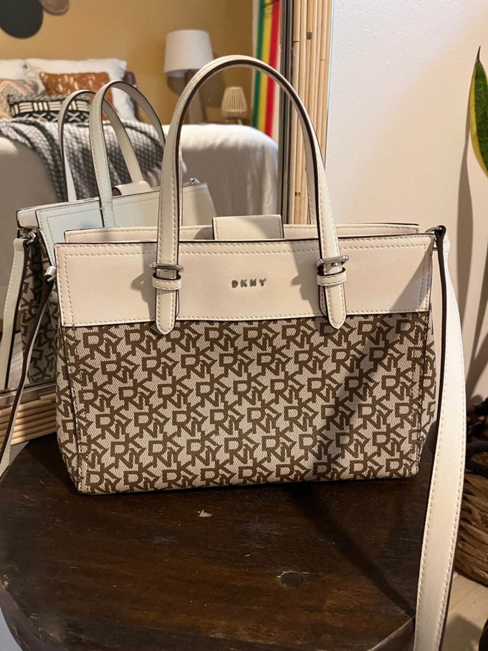 DKNY Beige & Brown Signature Logo Satchel